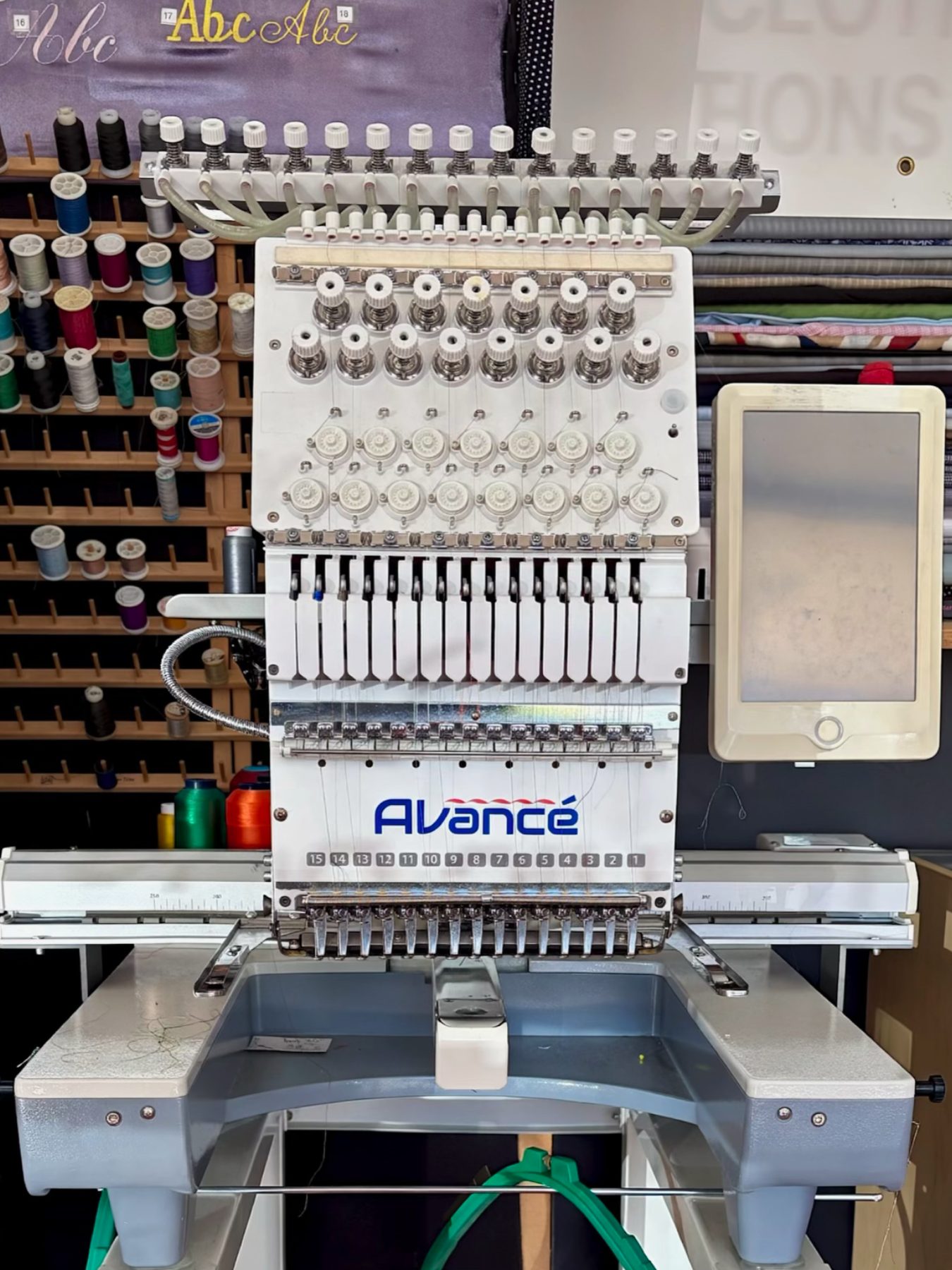 Our in-house embroidery machine at GM Custom Clothier, used for monogramming