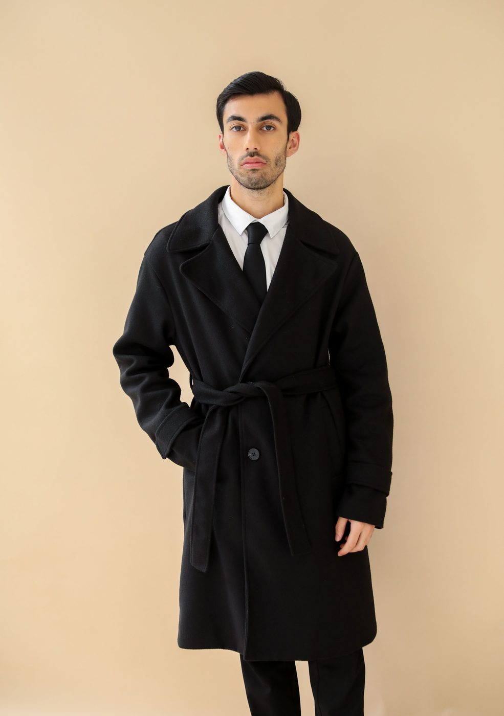 Custom charcoal melton overcoat, bespoke tailoring in Sugar Land, TX