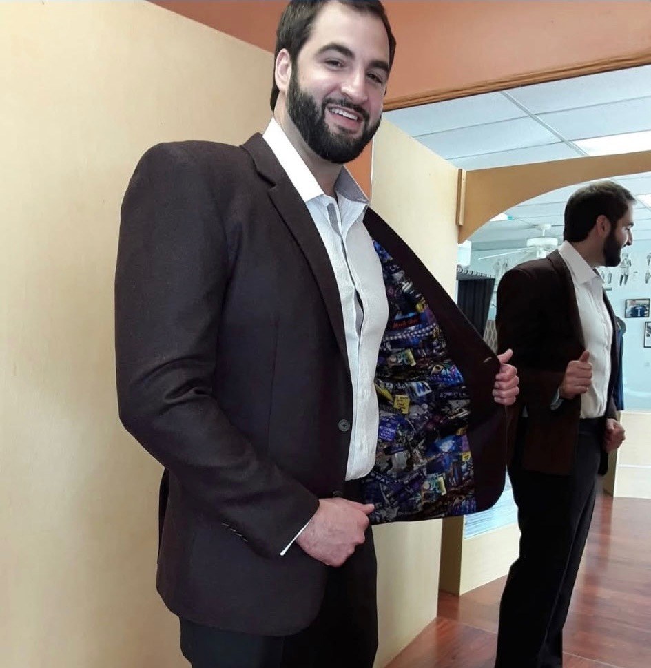 Custom made sport coat with a bold printed lining, bespoke tailoring at our Sugar Land, TX atelier