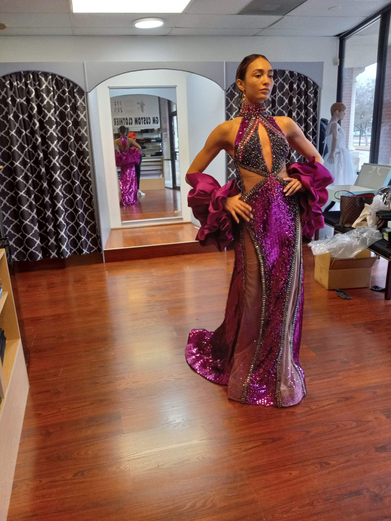 Magenta sequined custom gown worn by R'Bonney Gabriel, Miss Universe 2022, made at GM Custom Clothier in Sugar Land, TX