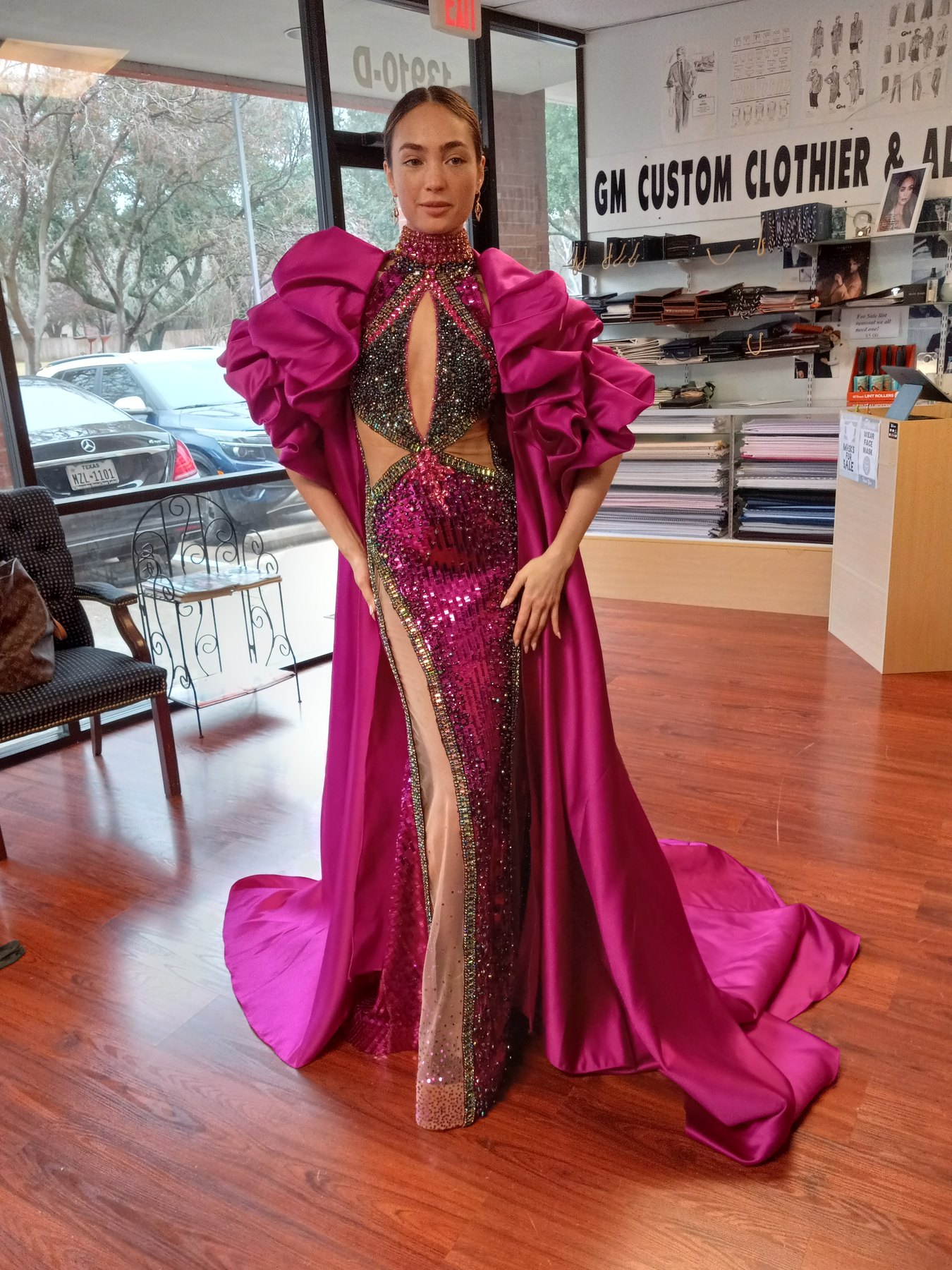 R'Bonney Gabriel at her fitting for the magenta sequined gown, GM Custom Clothier, Sugar Land, TX